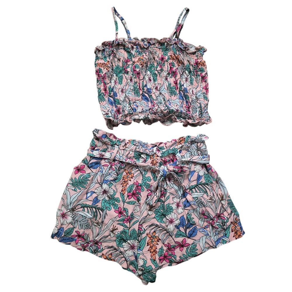 Hannah Banana Tropical Print Set Smocked Top Paperbag Waist Shorts Pink Size 6X